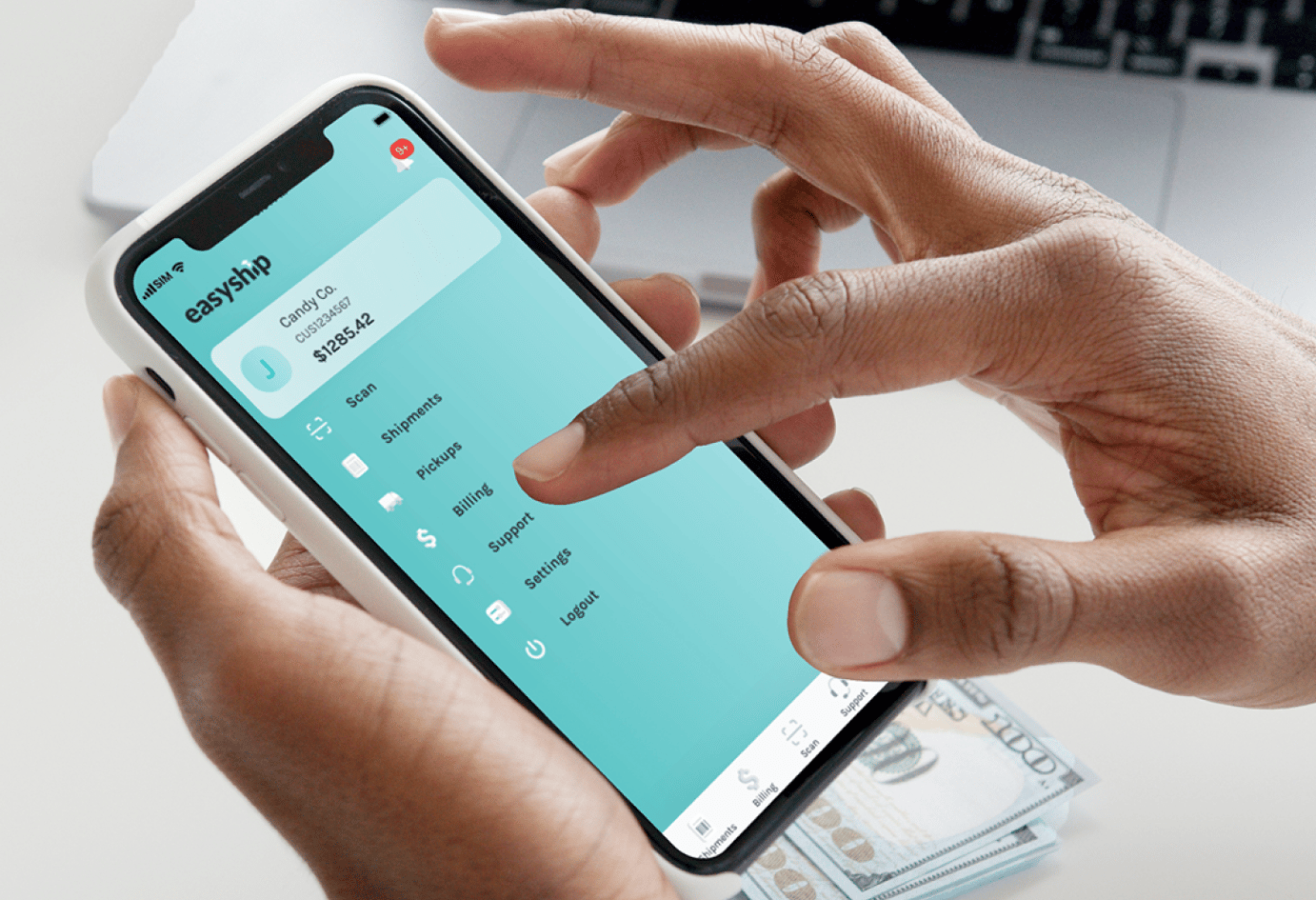Picture of person picking options from the Easyship mobile application on their smartphone.