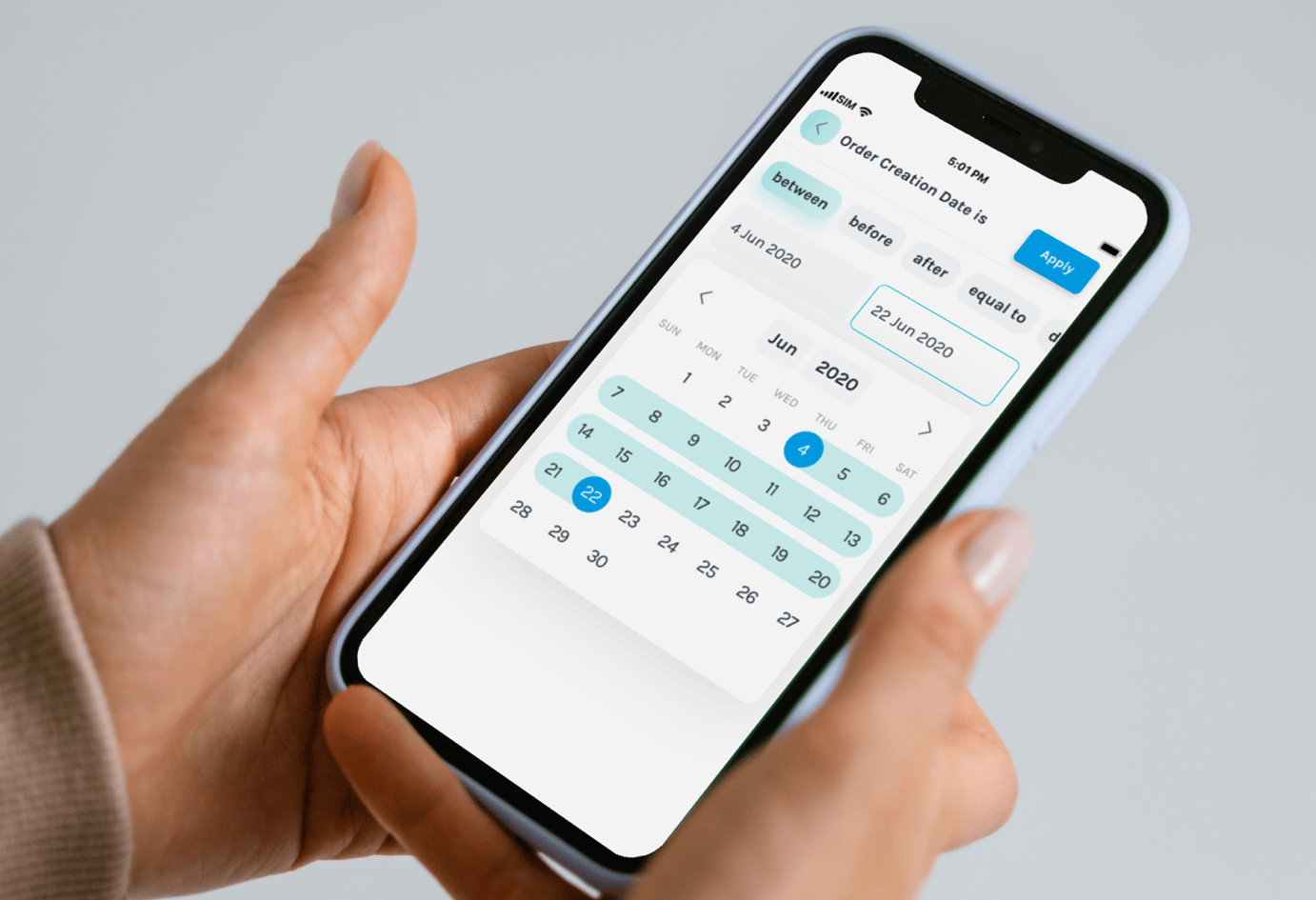 Picture of person holding smartphone in hands, picking dates in the Easyship mobile application interface.