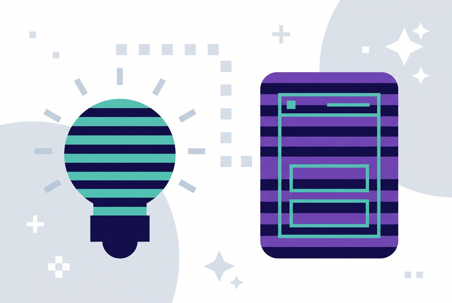 Abstract illustration of design as definition: a lightbulb representing an idea, linked to a wireframe of an app screen.