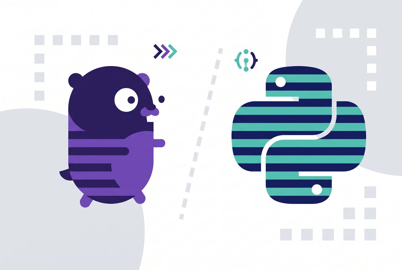 Illustration of the Go gopher mascot facing the Python logo across a dashed dividing line, representing a Go vs. Python comparison