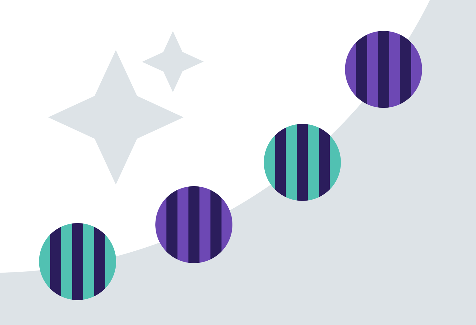 Minimalist illustration showing four circles, two green and two purple, as points on a growing chart.