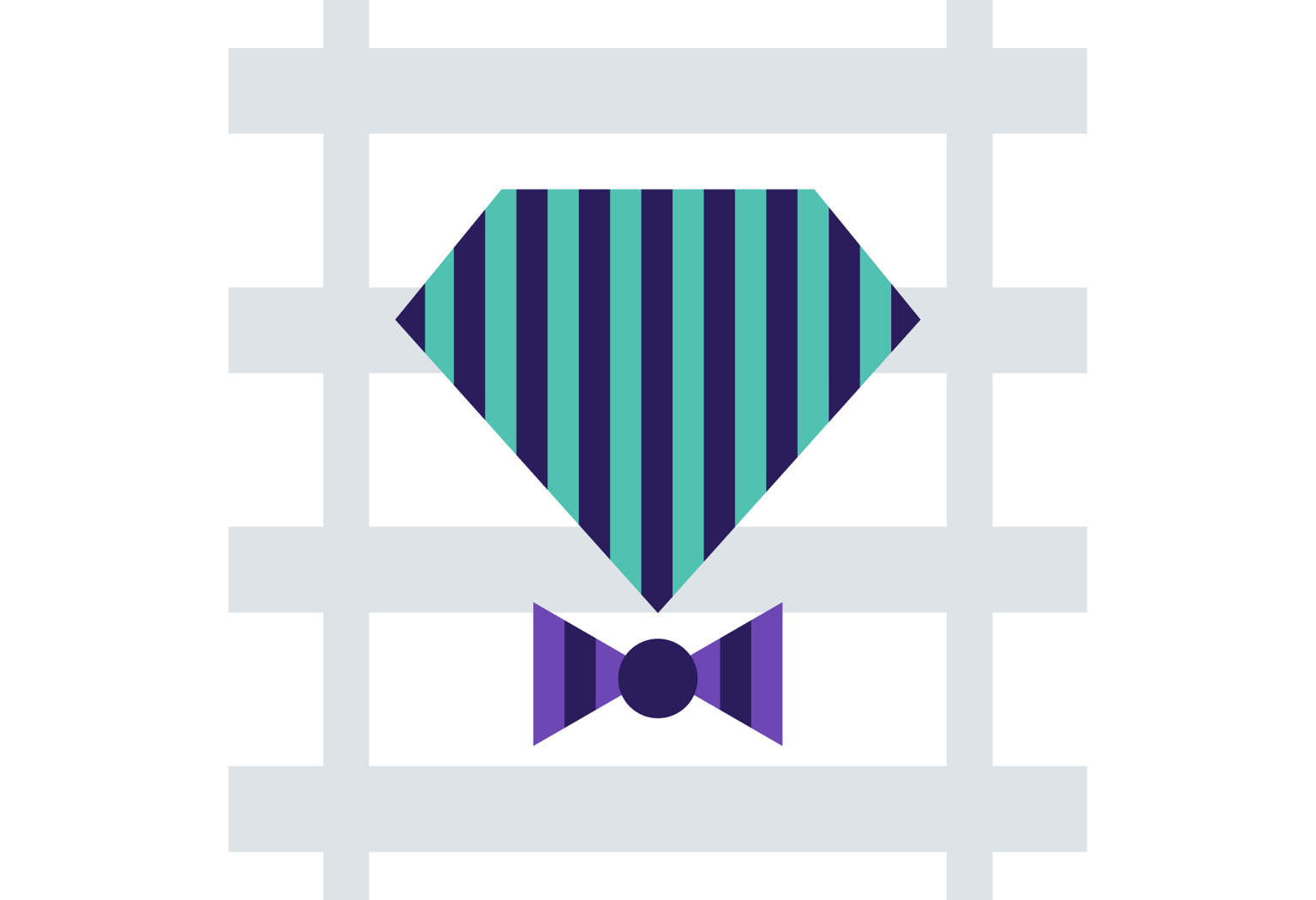 Minimalist illustration showing the Ruby programming language symbol in the center with a bowtie below it.