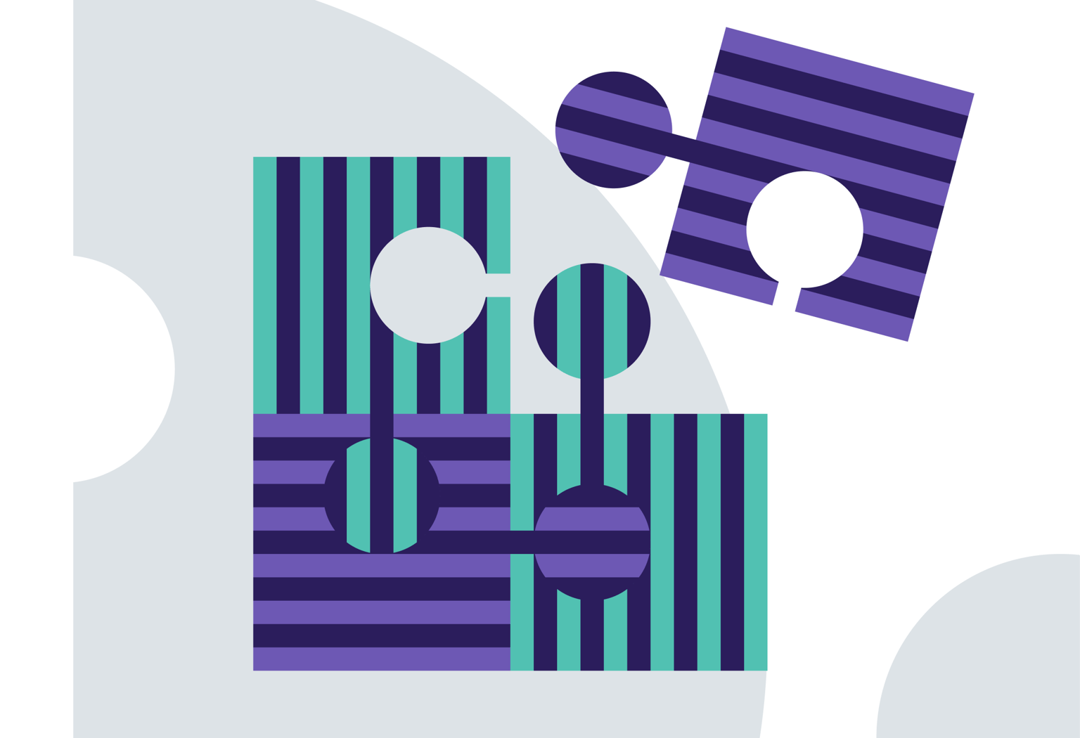 Four puzzle pieces on a grey background, one puzzle piece disconnected from the others. 