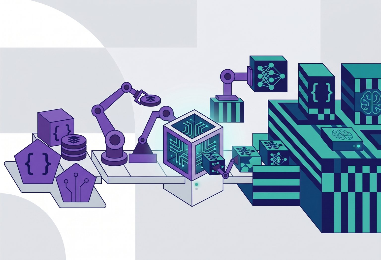 Minimalist, abstract image of a sort of assembly line, representing how Forward Deployed Engineers build Autonomous Agentic Squads.