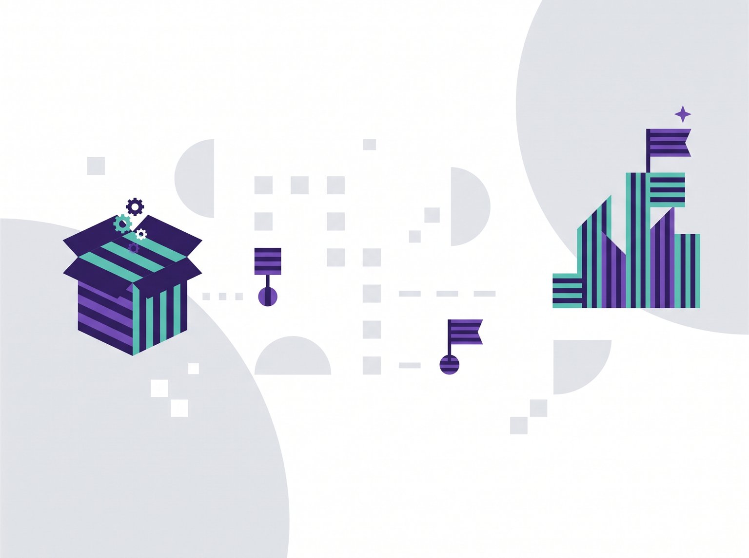Illustration of a product development roadmap: an open box with gears connected by a path of milestone flags to a finished product structure topped with a flag