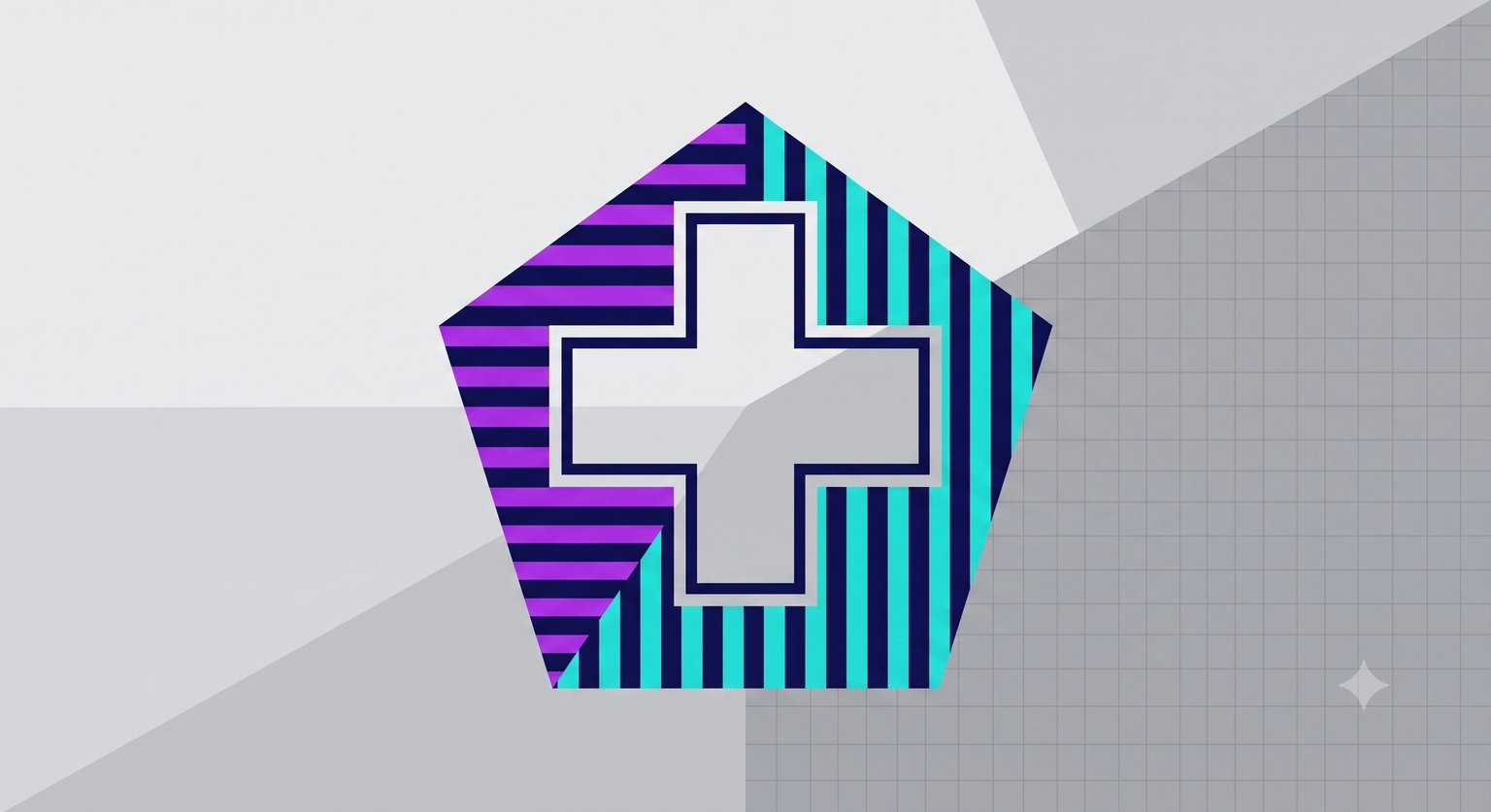 Abstract, minimalist illustration with a healthcare cross in the middle, signifying the use of Large Language Models in the HealthTech industry.