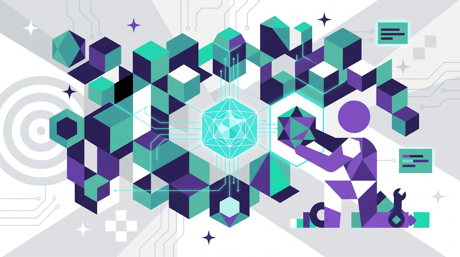 Abstract visualization of the process of integrating AI into existing systems.