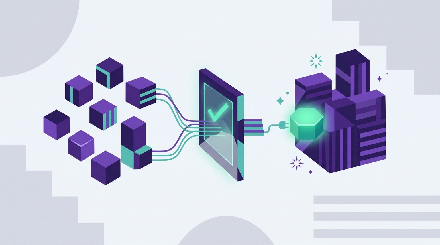 Isometric illustration of candidate blocks passing through a checkmark vetting gate before one plugs into a client's engineering team, showing technical vetting in staff augmentation