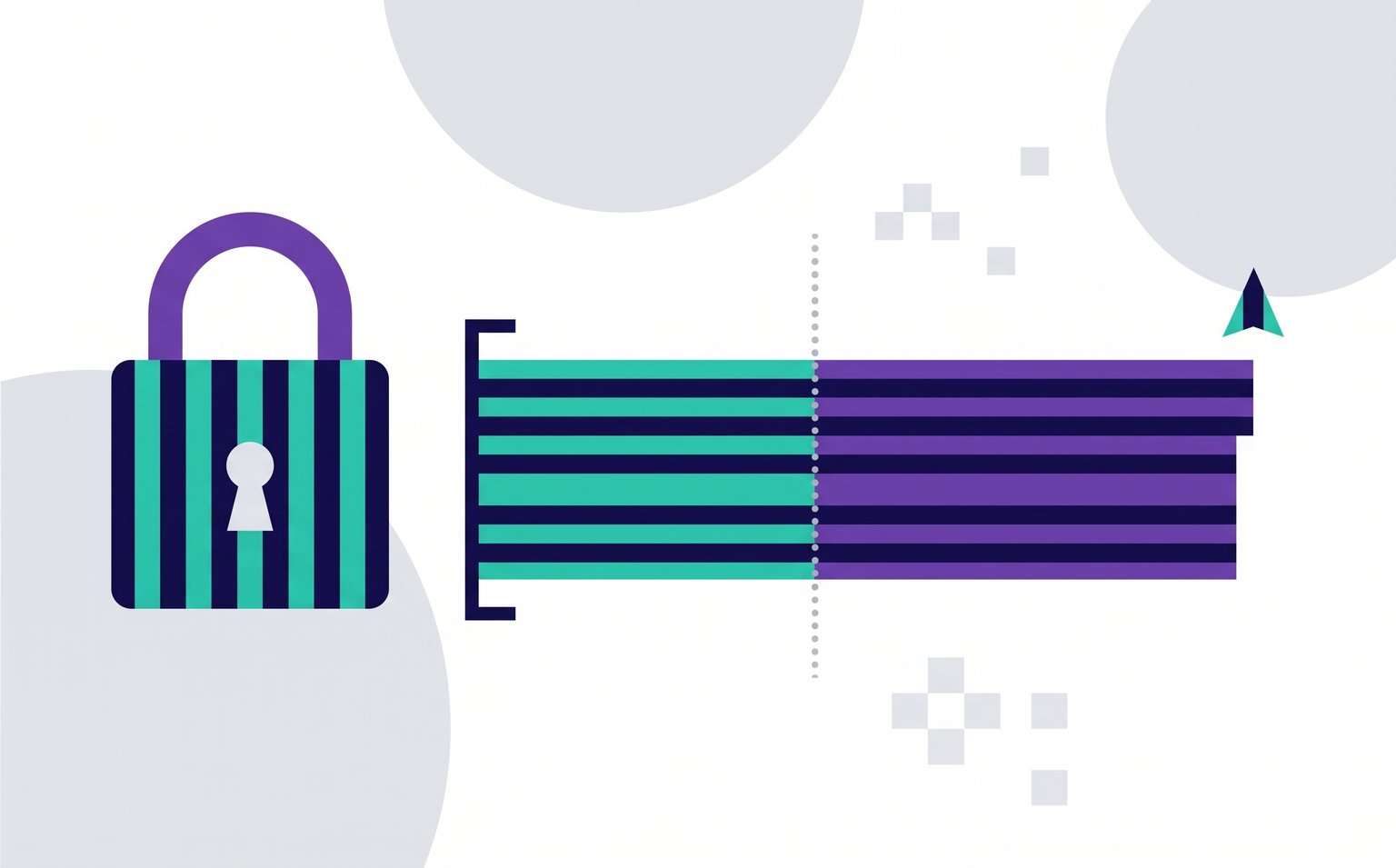 Illustration of a padlock beside striped bars cut off at a dotted line, representing bcrypt truncating passwords at the 72-byte limit