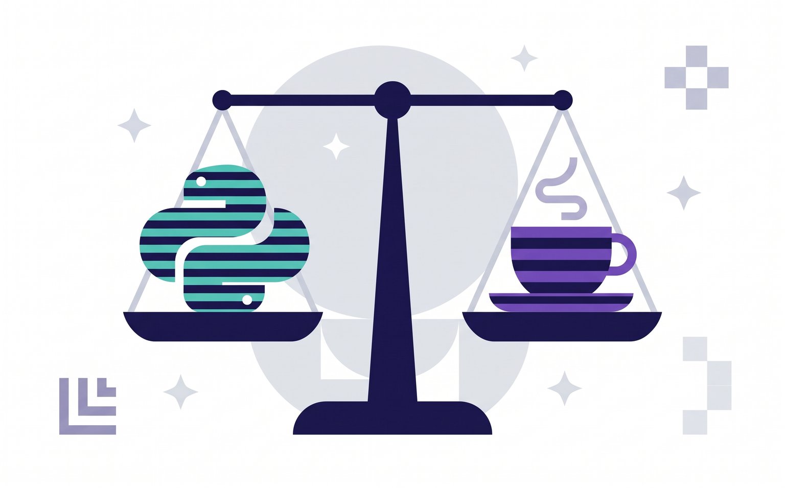 Balance scale weighing the Python logo against a Java coffee cup, illustrating the Python vs Java comparison