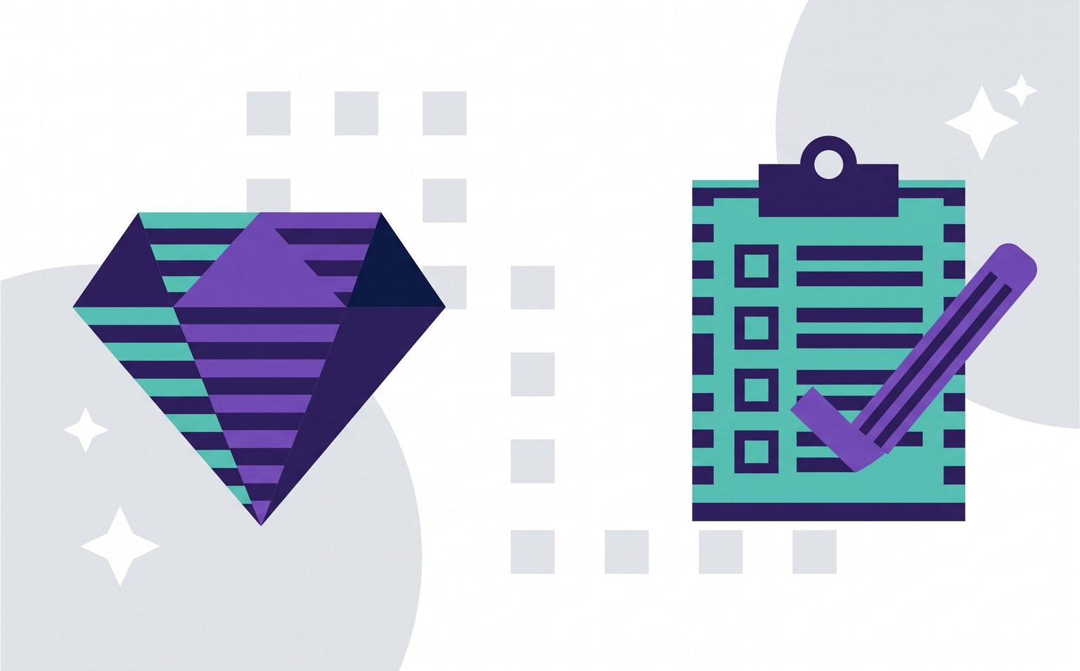 Illustration of a Ruby gem next to a checklist clipboard, representing preparation for working with a Ruby on Rails development agency