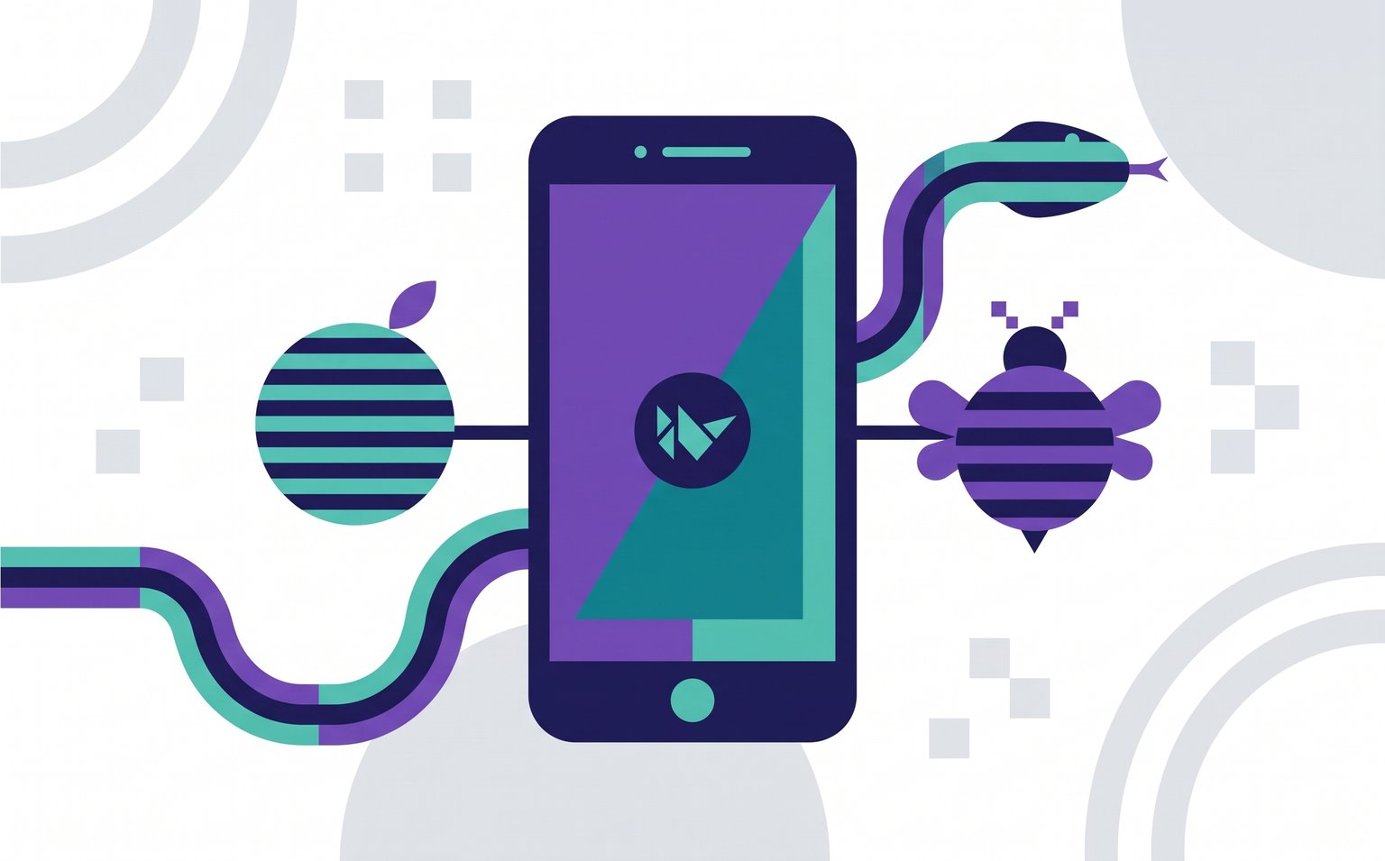 Illustration of a smartphone with the Kivy logo, connected to an Apple logo, a Python snake and a BeeWare bee, representing Python mobile app development