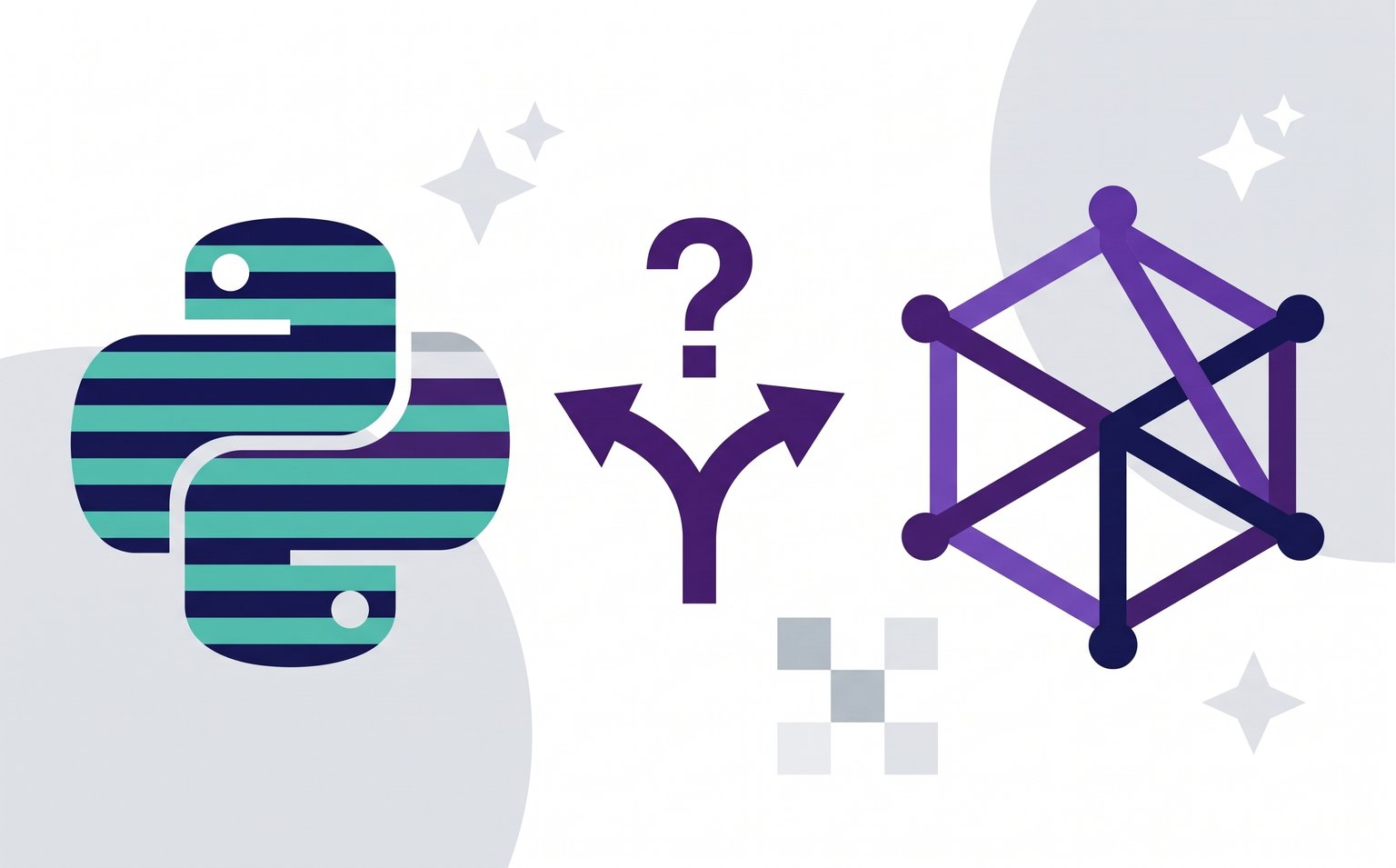 Python logo and Node.js hexagon on either side of a forked arrow with a question mark, illustrating the choice between Django and Node.js