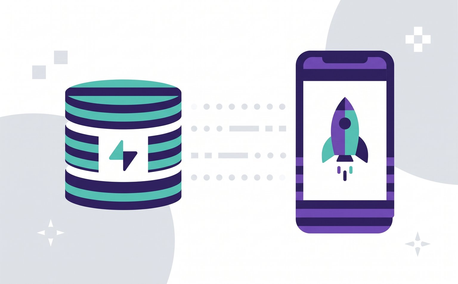 Illustration of a Supabase database connected to a Flutter mobile app showing a launching rocket
