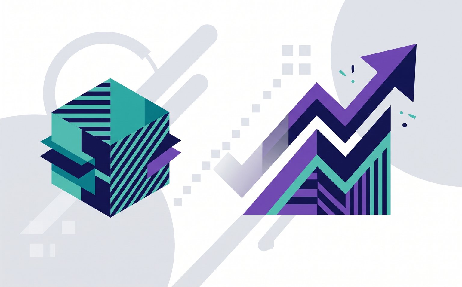 Abstract illustration of a layered product cube beside a rising arrow chart, representing product design generating project ROI