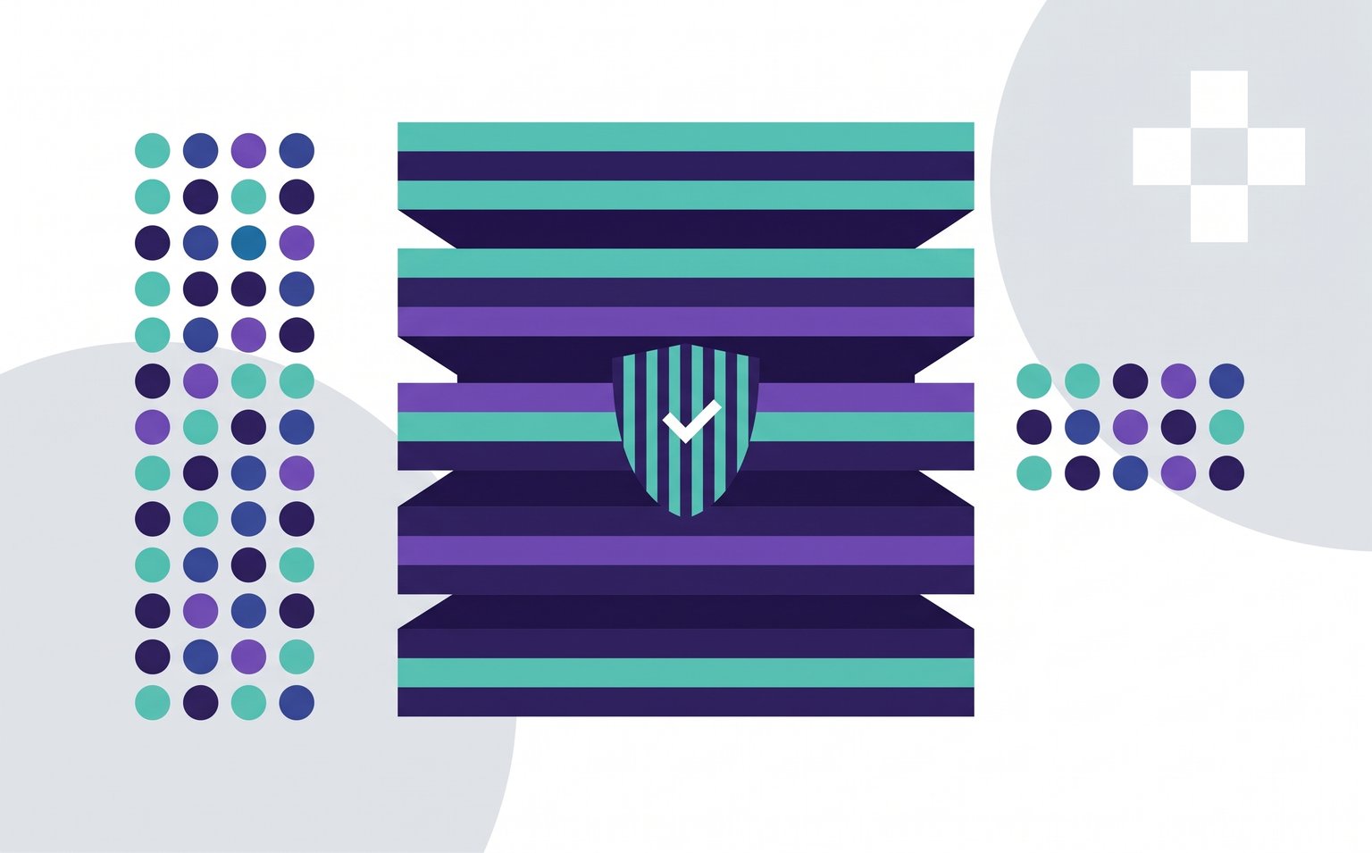 Abstract illustration of stacked teal and purple layers narrowing toward a shield with a checkmark, representing LLM token budgets kept under control.