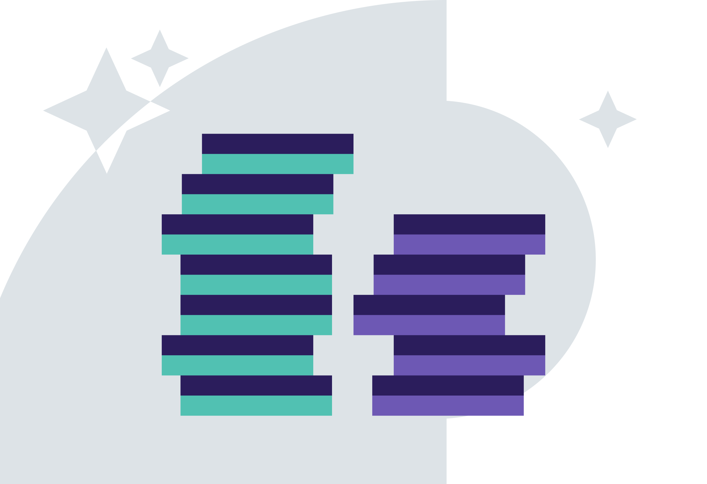 Minimalist image showing two towers of blocks, with a green one to the left and a smaller purple one to the right.