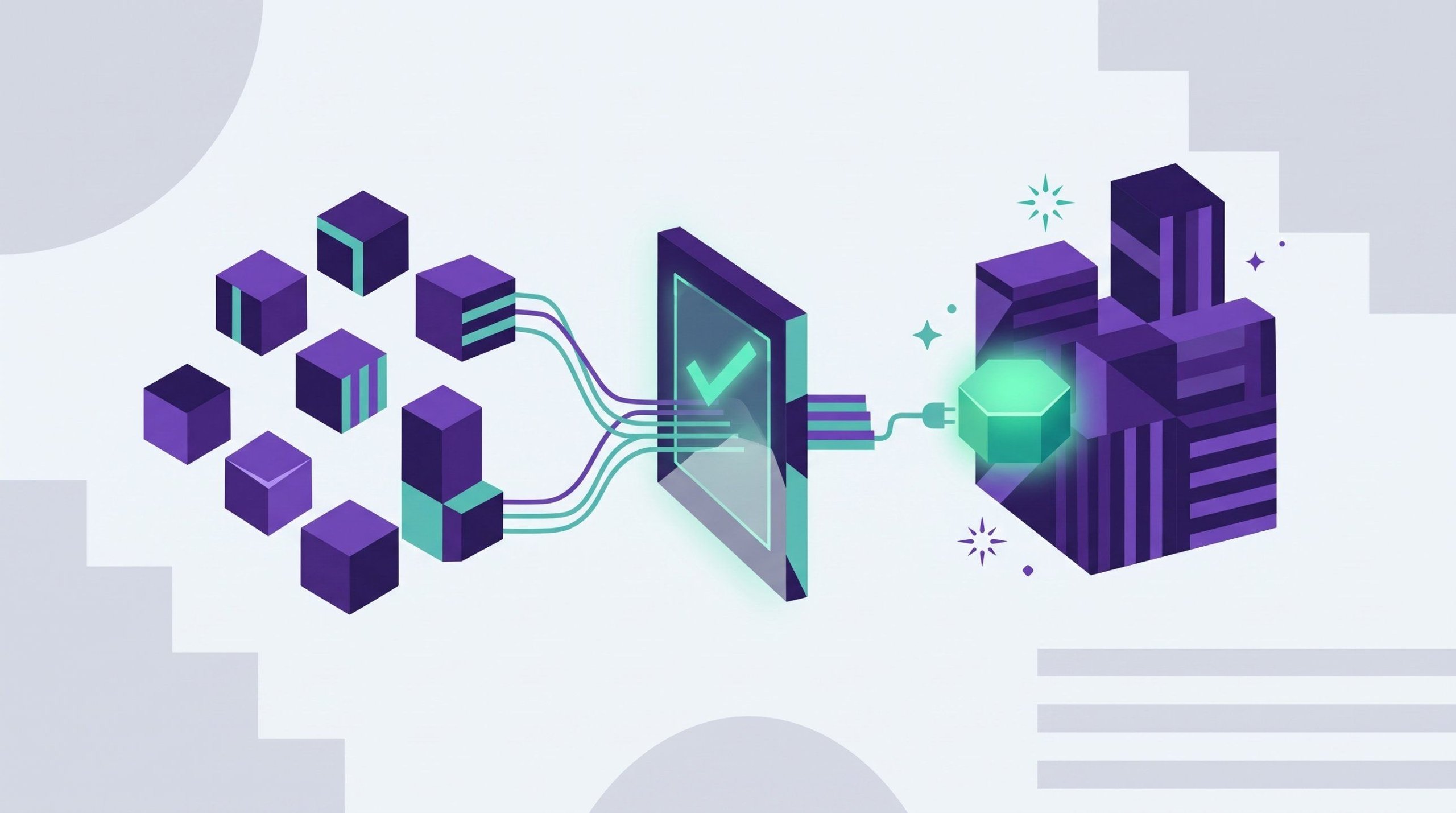 Isometric illustration of candidate blocks passing through a checkmark vetting gate before one plugs into a client's engineering team, showing technical vetting in staff augmentation