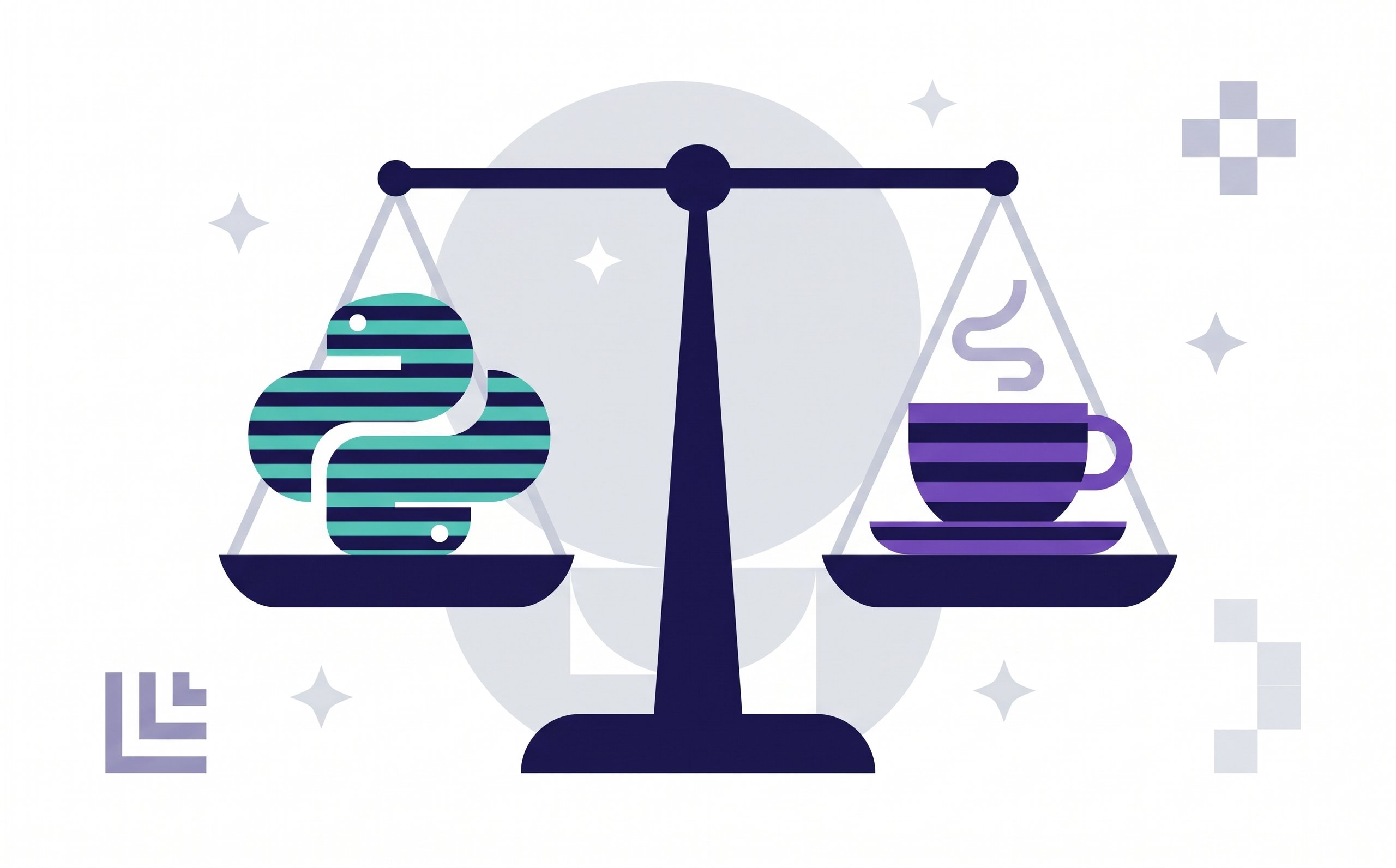 Balance scale weighing the Python logo against a Java coffee cup, illustrating the Python vs Java comparison