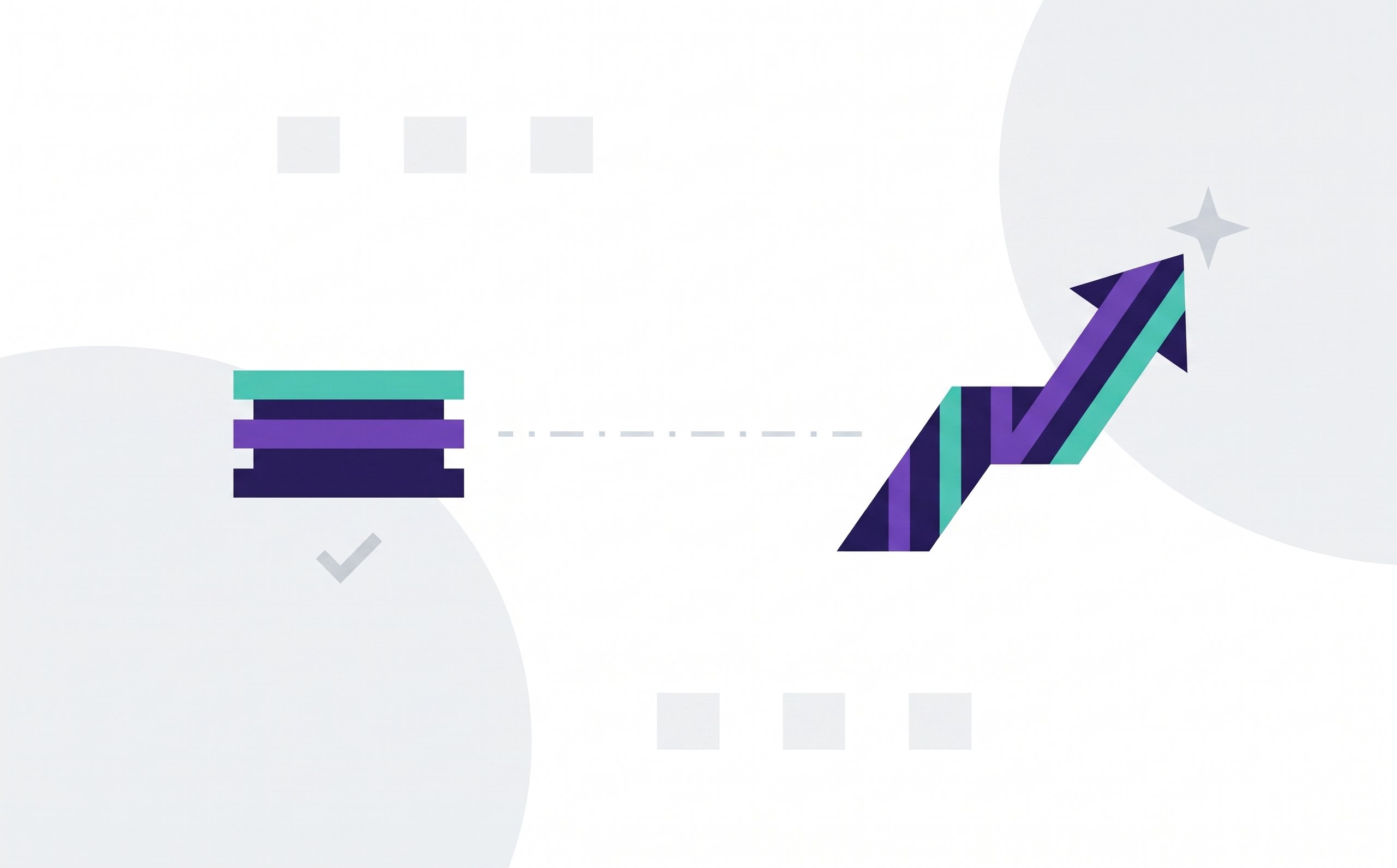 Abstract illustration of a stacked teal and purple block linked by a dotted line to a rising striped arrow, representing AI token spend turning into engineering ROI