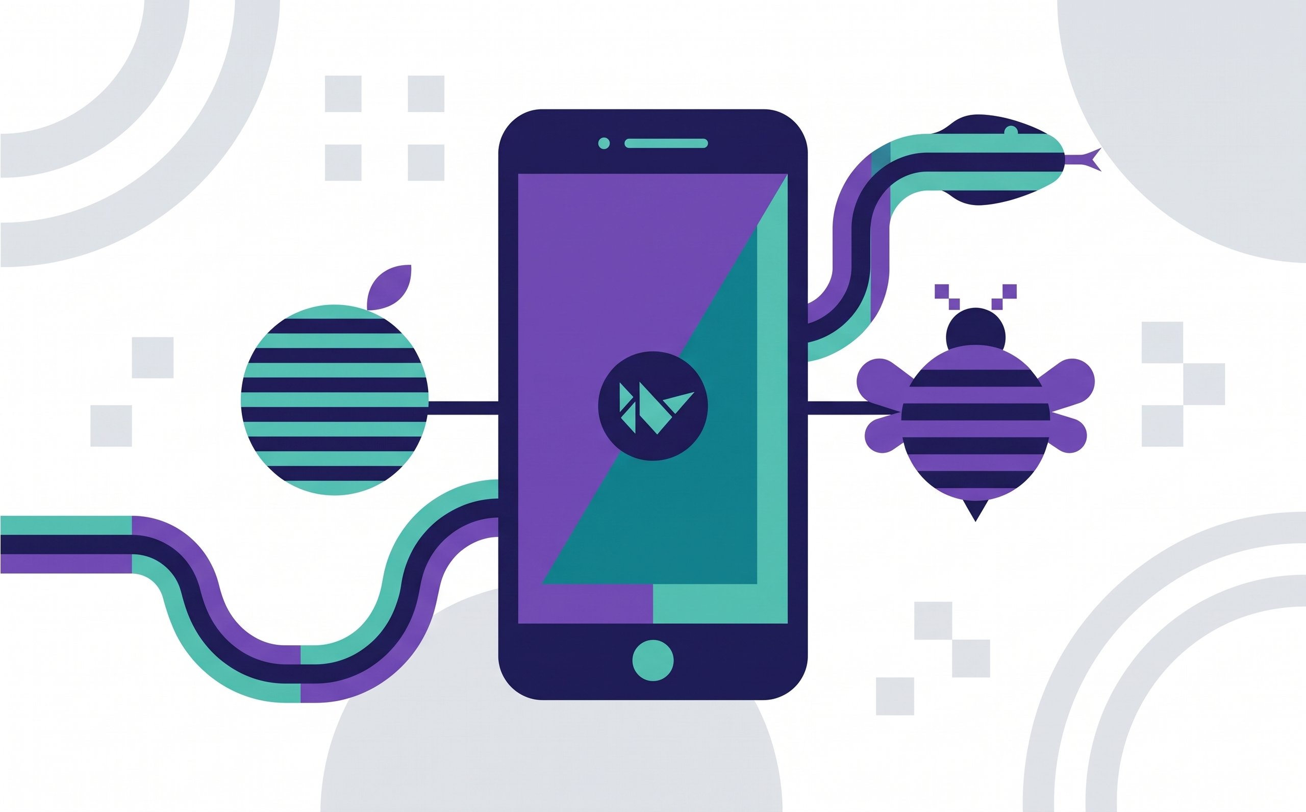 Illustration of a smartphone with the Kivy logo, connected to an Apple logo, a Python snake and a BeeWare bee, representing Python mobile app development