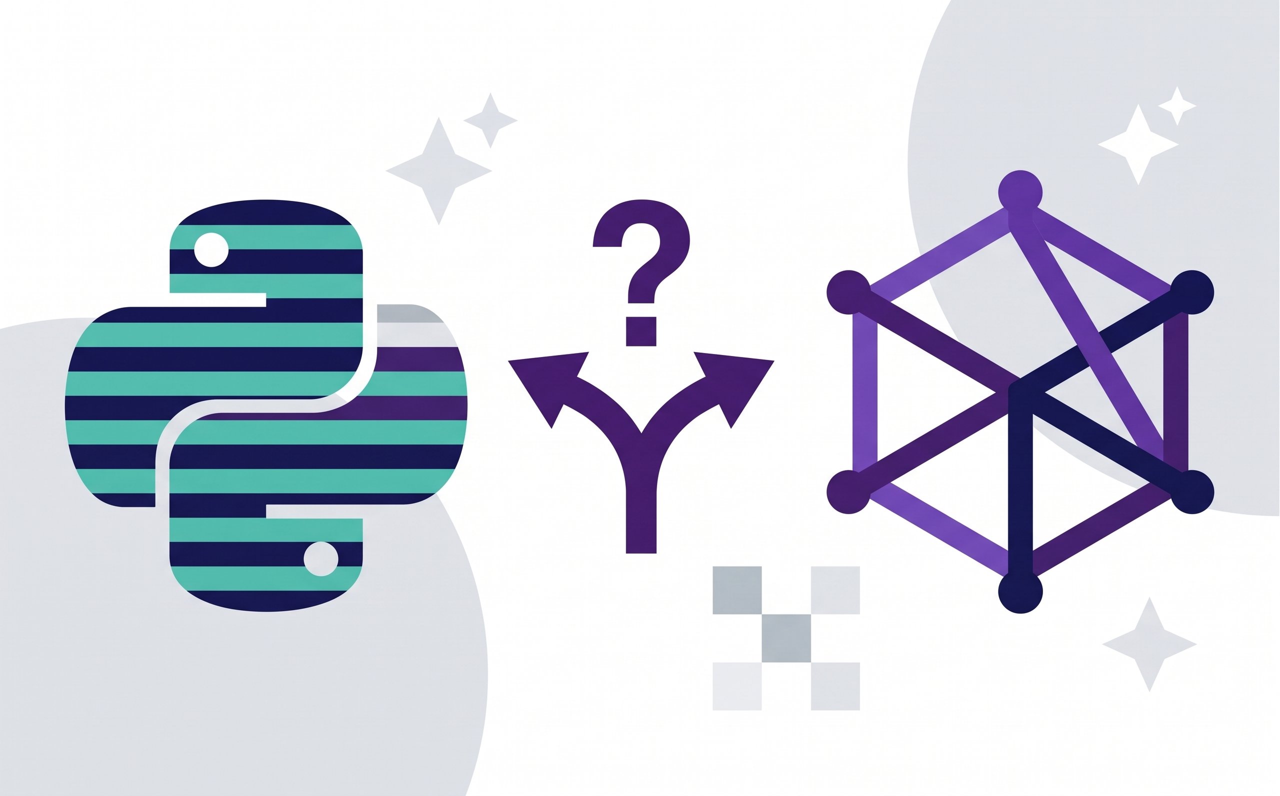 Python logo and Node.js hexagon on either side of a forked arrow with a question mark, illustrating the choice between Django and Node.js