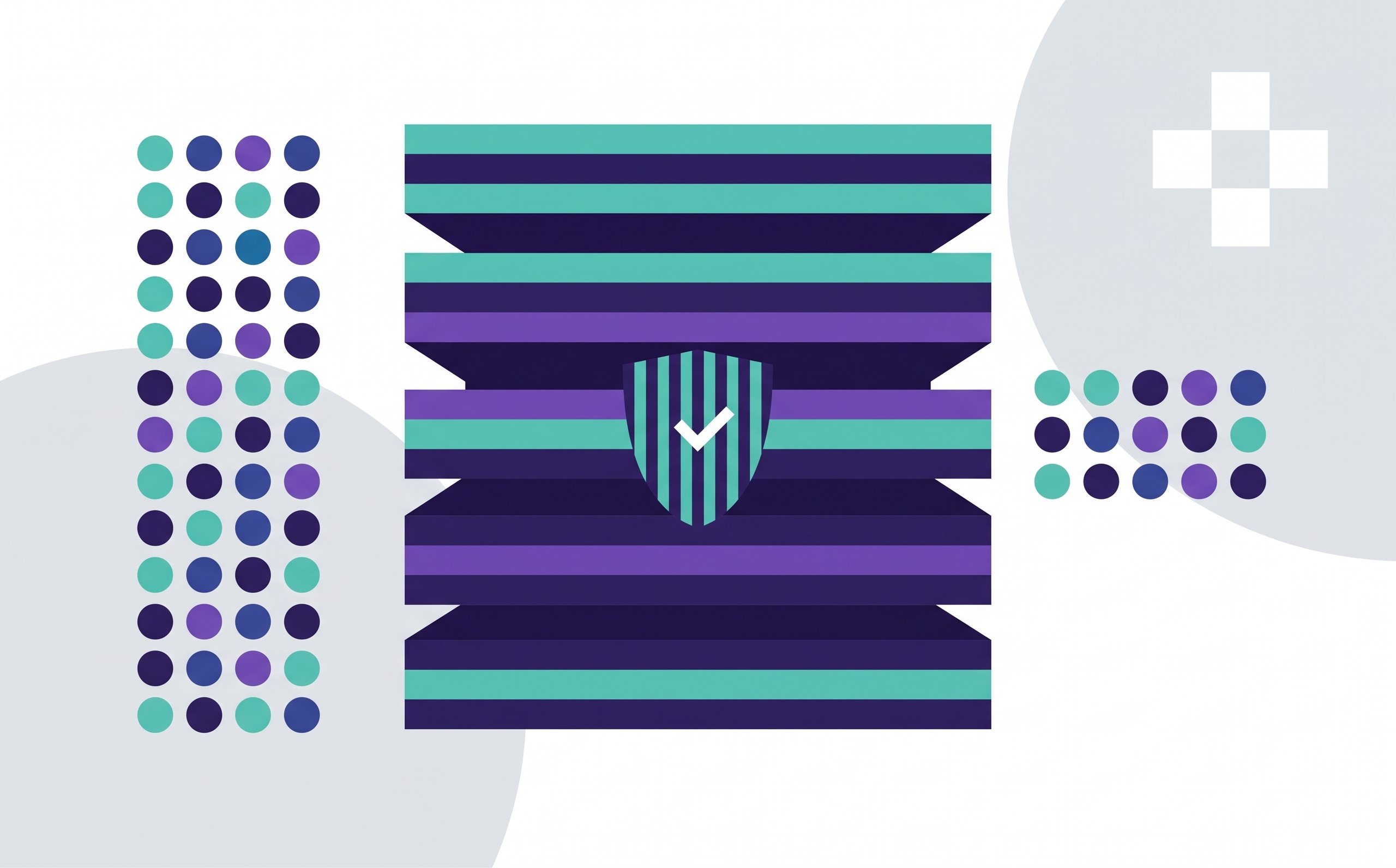 Abstract illustration of stacked teal and purple layers narrowing toward a shield with a checkmark, representing LLM token budgets kept under control.