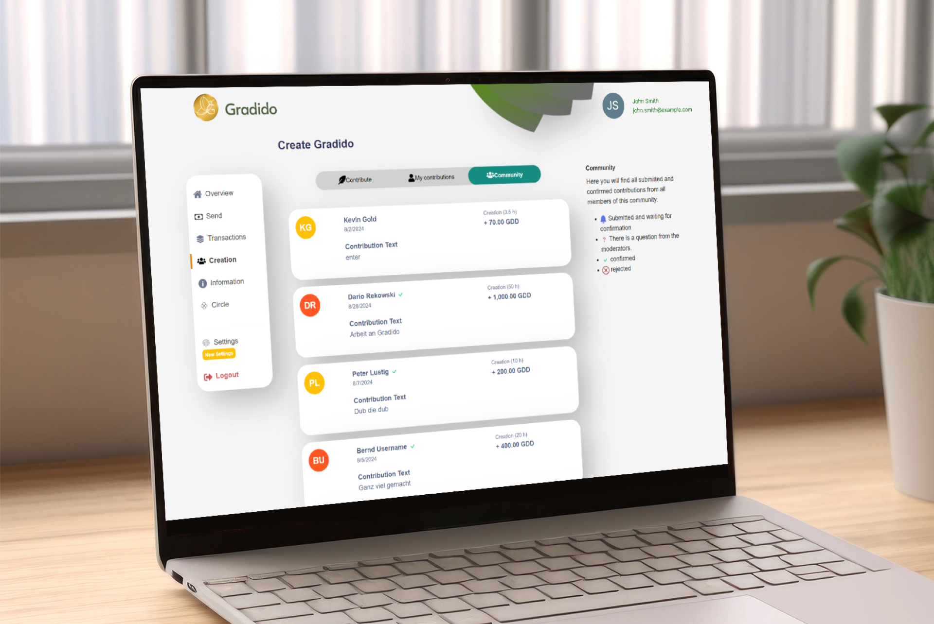 Gradido application laptop screenshot