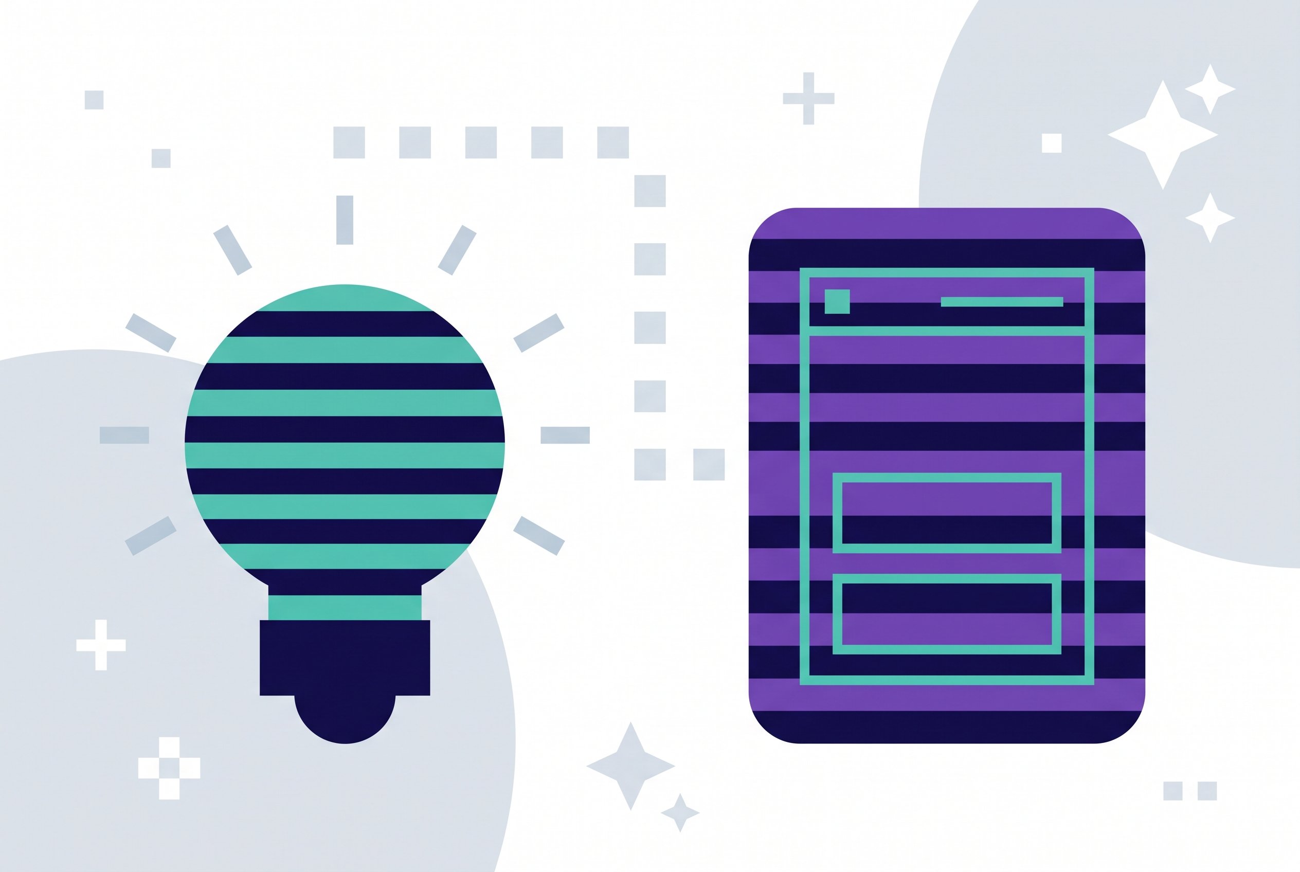 Abstract illustration of design as definition: a lightbulb representing an idea, linked to a wireframe of an app screen.