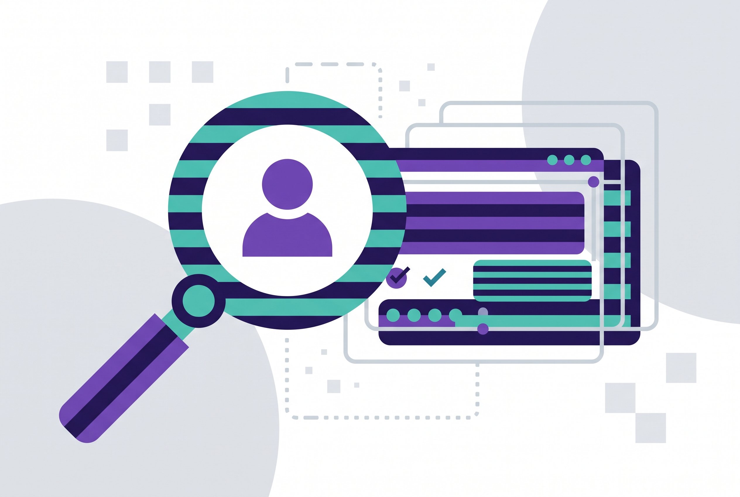 Illustration of a magnifying glass examining a user icon beside layered app interface windows, representing UX consulting and product audits