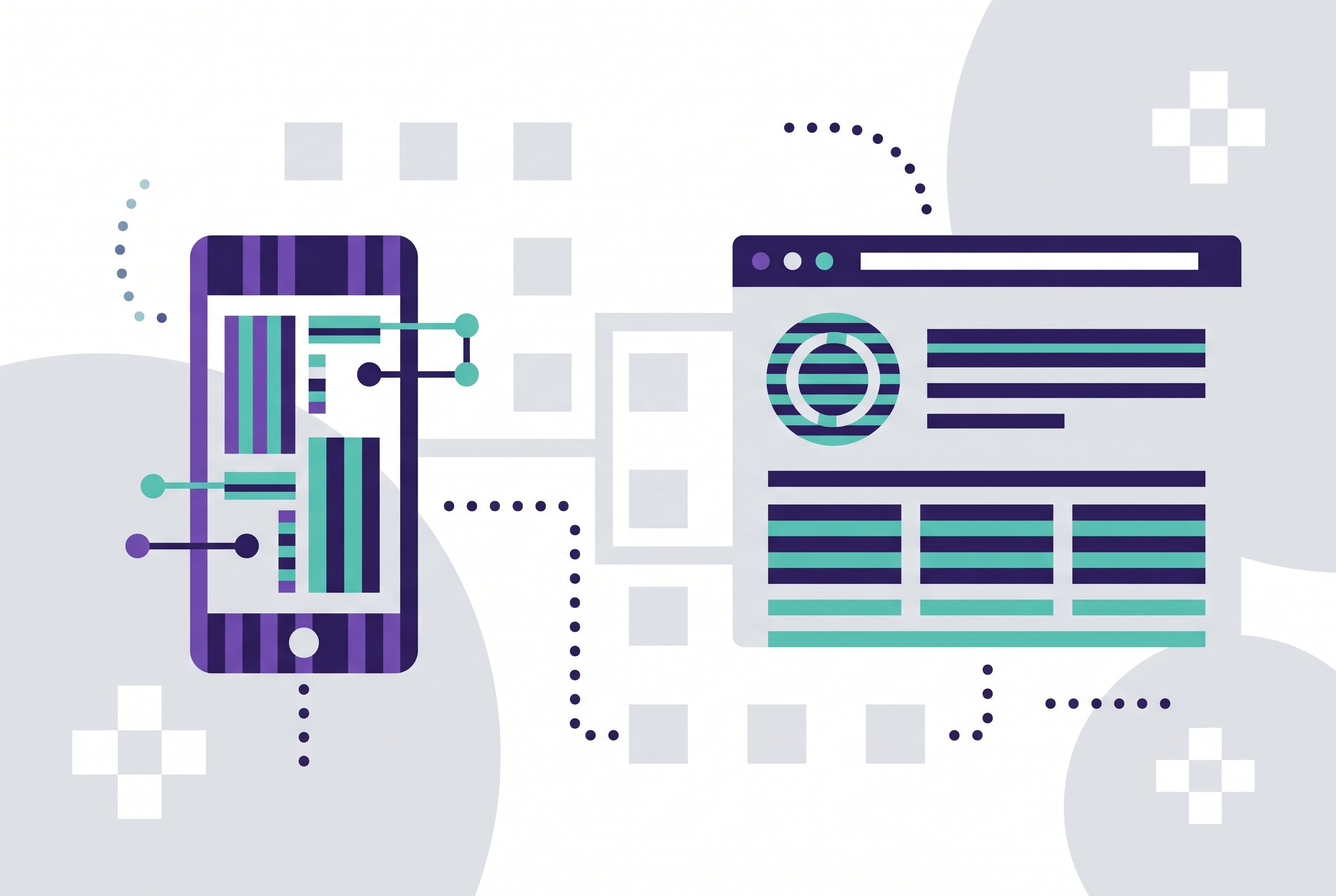 Illustration of a mobile phone app and a web browser window connected by shared components, representing ReactXP's single React codebase for iOS, Android, and the web