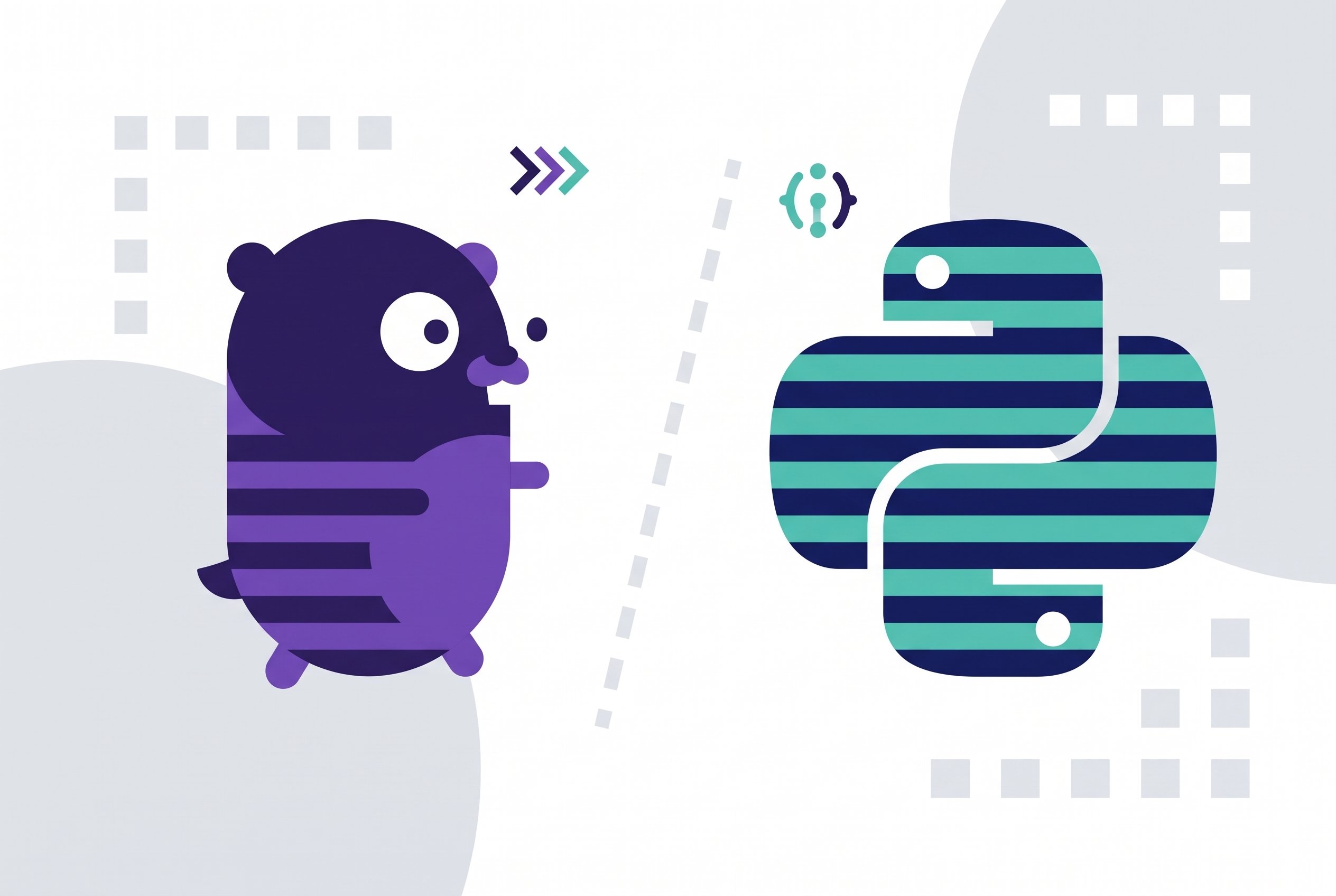 Illustration of the Go gopher mascot facing the Python logo across a dashed dividing line, representing a Go vs. Python comparison