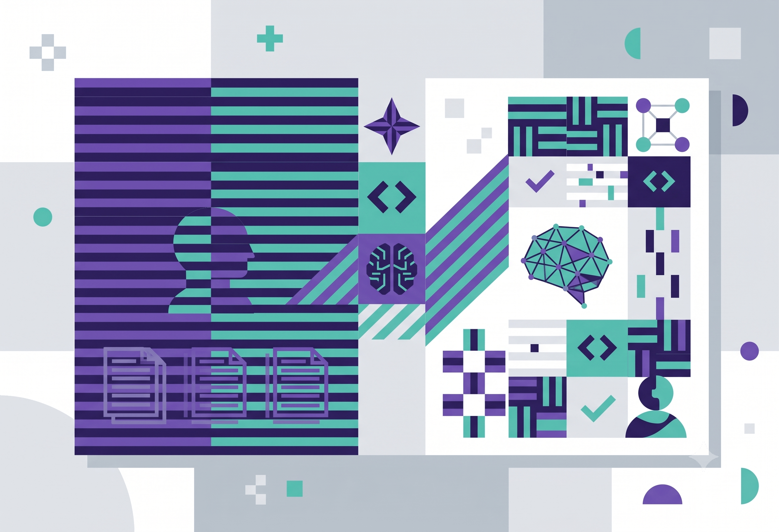 Abstract illustration visualizing the process of modernizing legacy systems with AI.