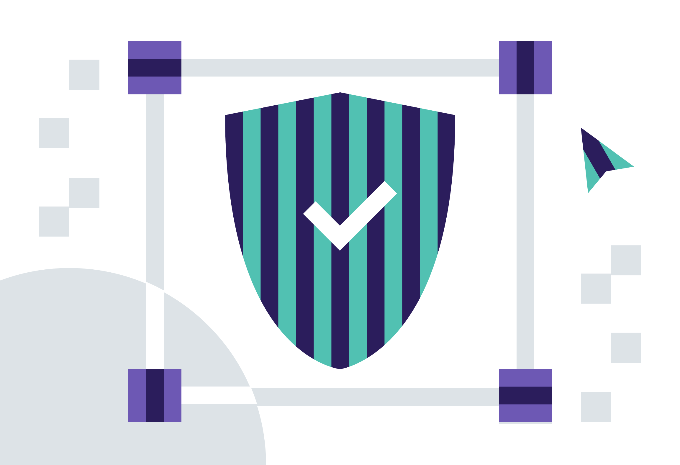 Minimalist illustration of the concept of cybersecurity. A security badge with a checkmark on it is placed in the centre, enclosed by four grey lines, set on an abstract background with grey elements.  