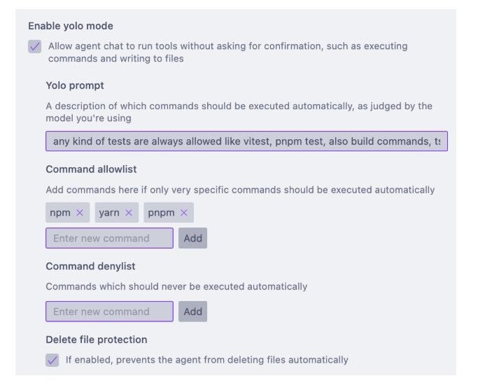 AI assisted software development: YOLO mode settings in Cursor