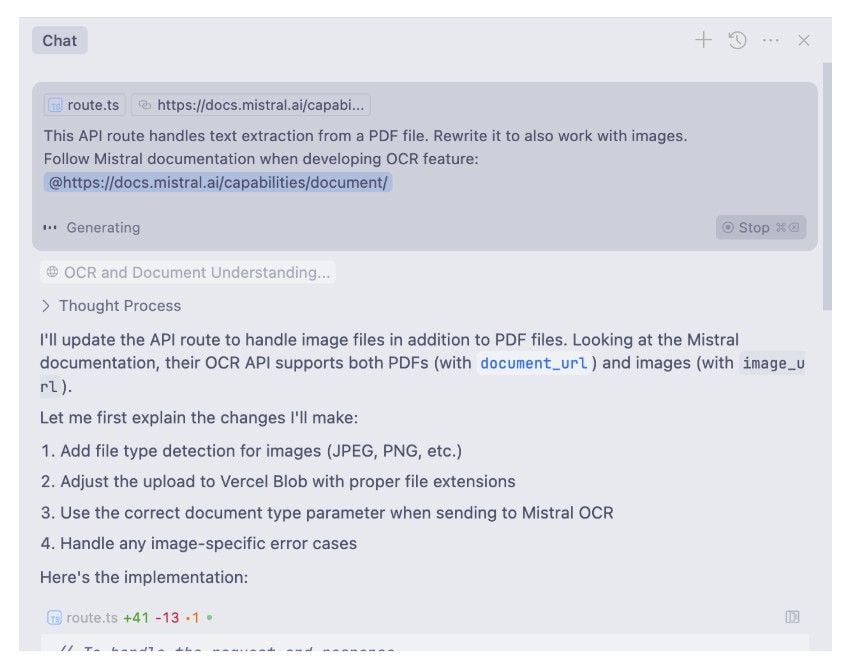 Example use of Agent in Cursor with a documentation link passed as additional context