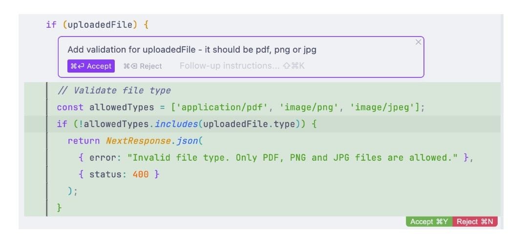 AI coding assistant: Example of inline editing in Cursor