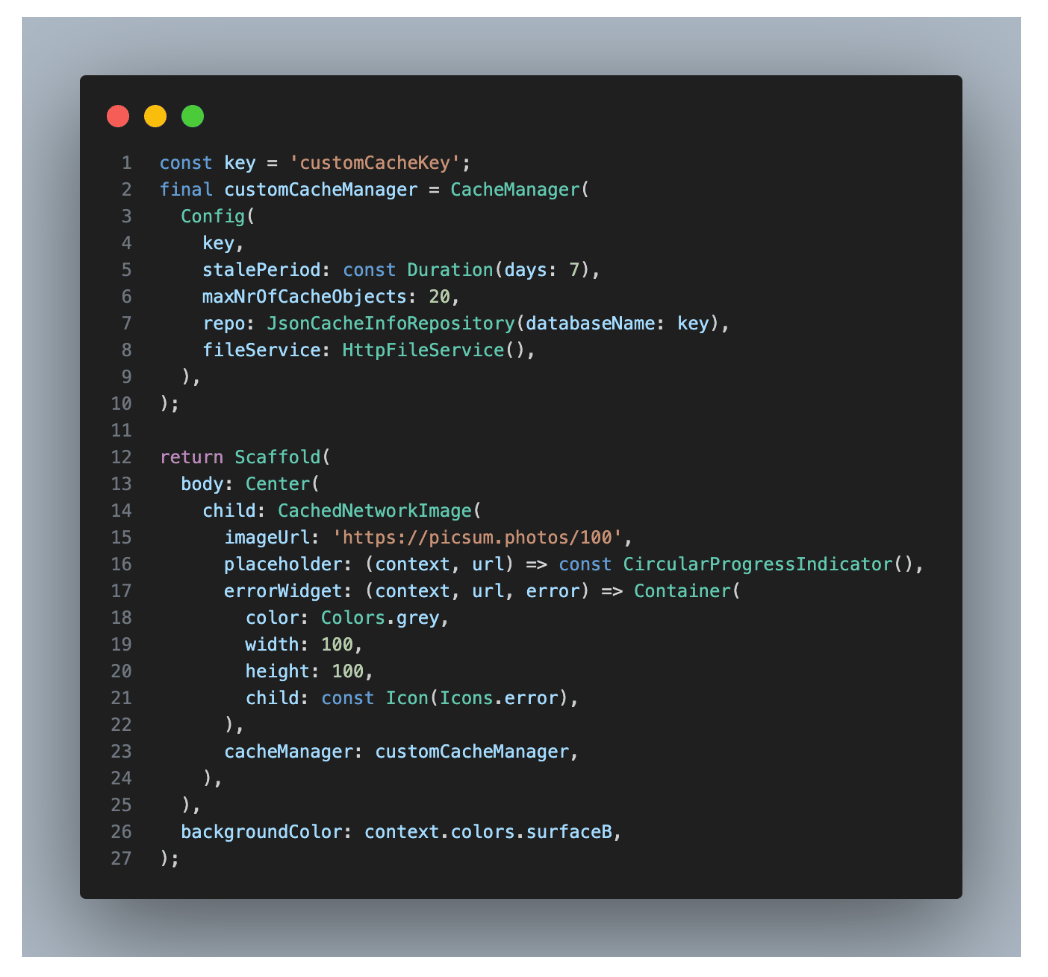 cache cleaning in CacheManager, Code snippet showing how to implement caching for network images in a Flutter app