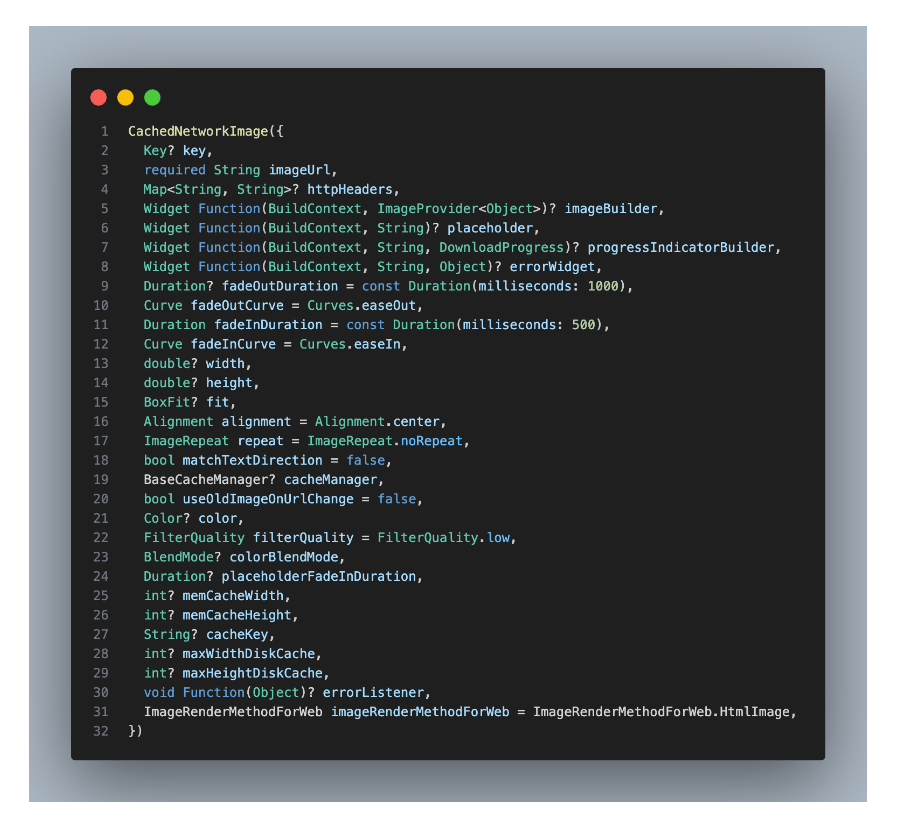 cached network image functioning, Code snippet showing how to implement caching for network images in a Flutter app